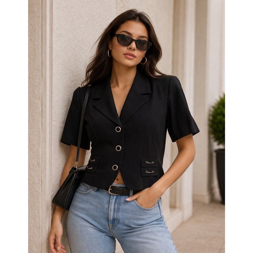 Vintage 90s Rina Rossi Black Blazer Blouse Medium Shoulder Pads Cropped Tailored